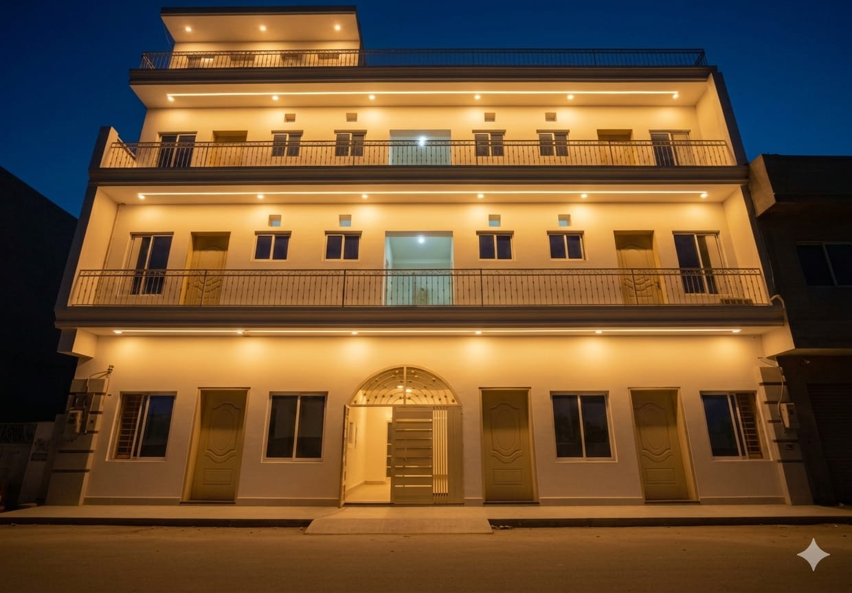 Building exterior, evening